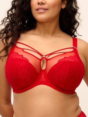 NEW Elomi Brianna Strappy Lace Mesh Plunge Underwire Bra 8080 Haute Red HAD